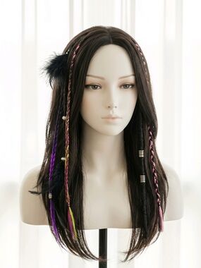 Bohemian Braided Accent Hair Extensions - Black with Pink & Purple